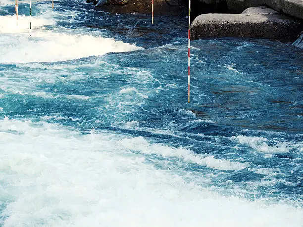 Hanging gates above Water rapids of Whitewater slalom river