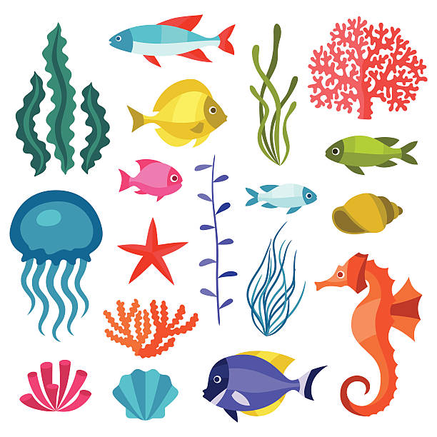 illustrations, cliparts, dessins animés et icônes de ensemble d'icônes de la vie marine, les objets et animaux de la mer. - coral colored