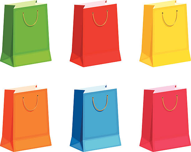 세트마다 색상화 선물 또는 쇼핑백에.  벡터 일러스트레이션. - shopping bag orange bag handle stock illustrations