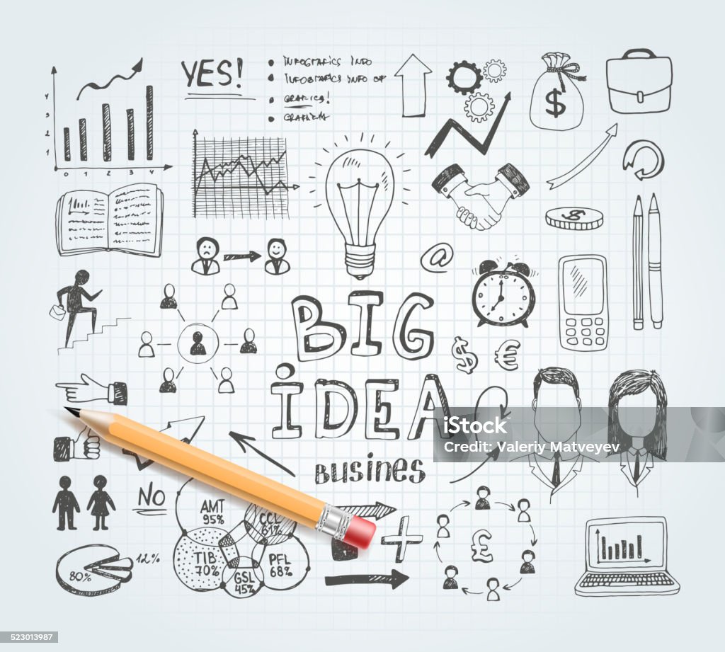 Business idea doodles Vector business idea doodles with charts and diagrams and pencil Drawing - Activity stock vector