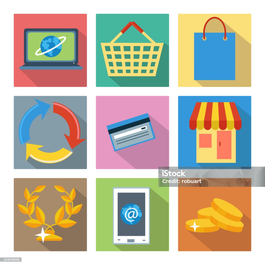 Square icons for internet shopping and banking Set of 9 internet shopping and online banking square icons with long shadows. Isolated on white background Arrow Symbol stock vector