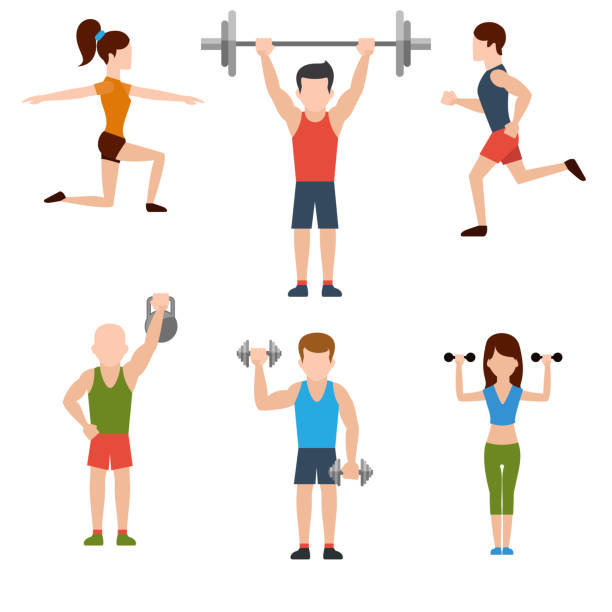 ilustraciones, imágenes clip art, dibujos animados e iconos de stock de los ejercicios con pesas y los iconos de calentamiento - human muscle muscular build men body building