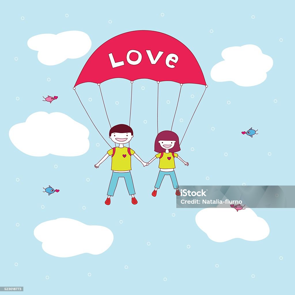 love cute happy young couple hold hands and jumping with a parachute. vector illustration. Adolescence stock vector