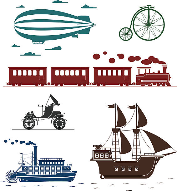 vektor-icons von vintage transportmittel. - dampfschiff stock-grafiken, -clipart, -cartoons und -symbole