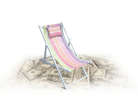 A beach chair on a pile of dollar bills...   Suggesting a tax haven  (The Panama Papers...)