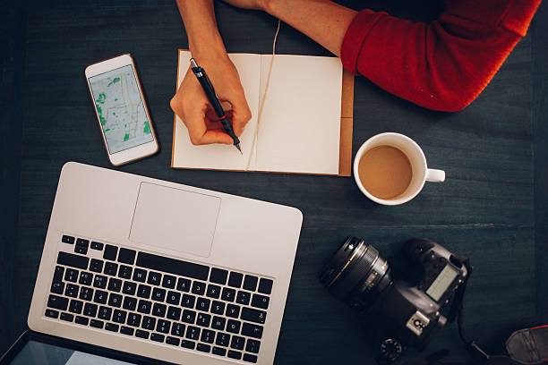 istock Overhead image of a workspace on the desk 523031706