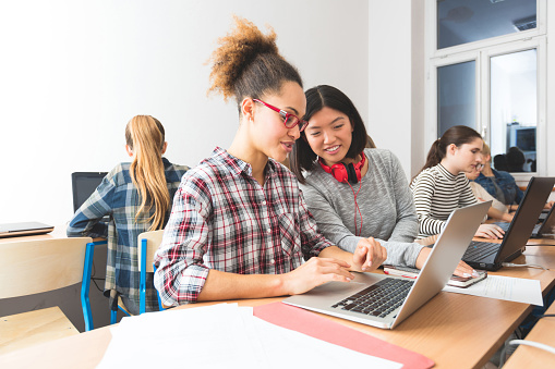 Multi ethnic female students coding on laptops in a computer lab. Asian and afro american young women working together.