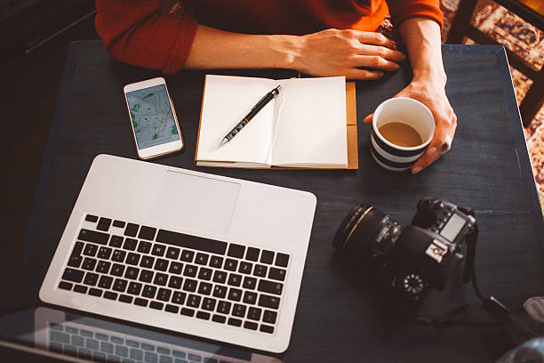 istock Overhead image of a workspace on the desk 523031844