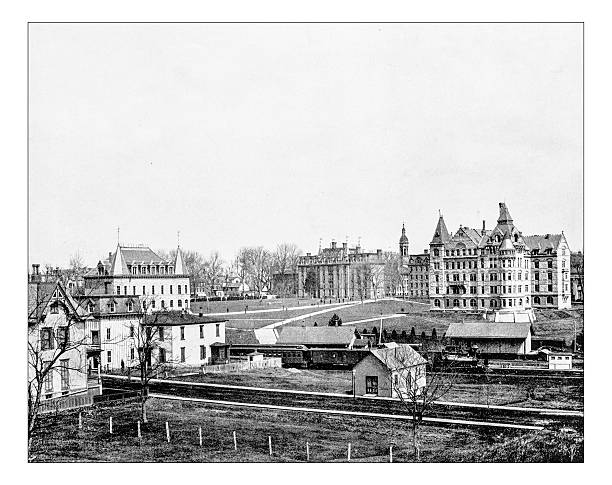 Antique photograph of Princeton College, Princeton, New Jersey, United States Antique photograph of Princeton College, Princeton, New Jersey, United States. In the picture a view of the north part of the campus with some of its main buildings, most in Gothic style or Collegiate gothic style and the large meadows and gardens, in particular the Nassau Hall on Nassau Street, East Pyne Hall, Mc Cosh,  Cannon Green with East Pyne, Whig and Clio Halls nassau street stock illustrations