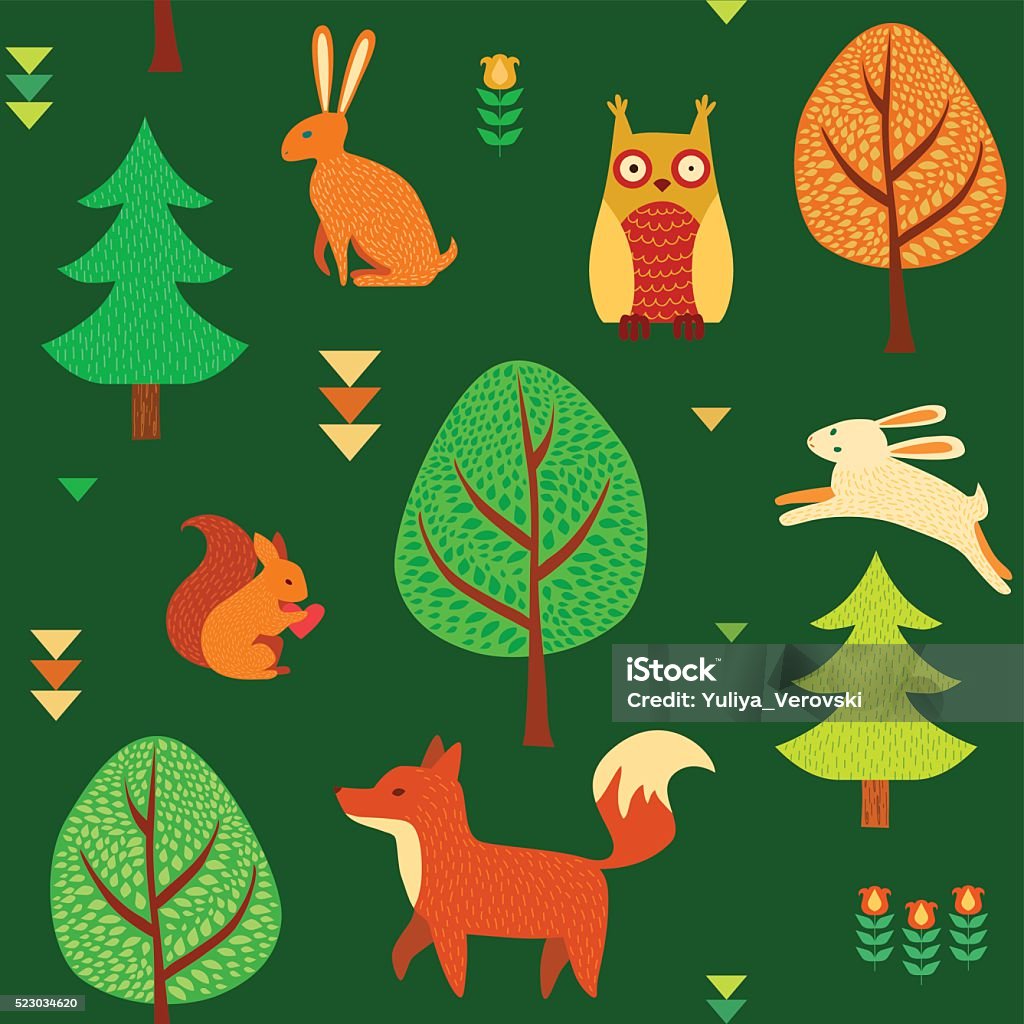 Seamless autumn forest background Seamless autumn forest background with cute hare, squirrel, owl, fox, flowers and tree in cartoon style. Animal stock vector