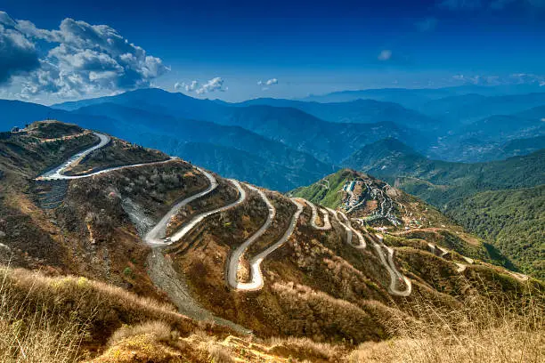 Beautiful Curvy roads on Old Silk Route, Silk trading route between China and India, Sikkim