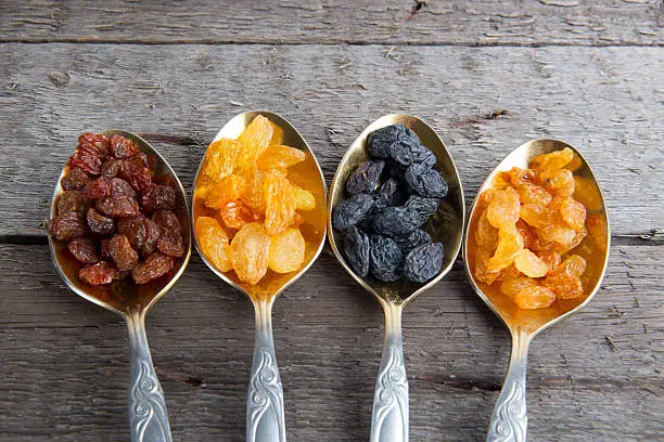 Photo of Raisins in metal spoons on wooden table