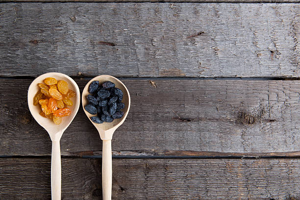 istock Tasty small raisins on a wooden spoon 523036262