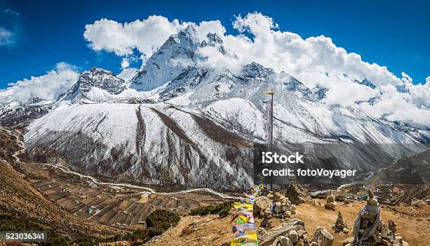 Himalaya Mountains Ama Dablam Overlooking Prayer Flags Khumbu Valley Nepal Stock Photo - Download Image Now