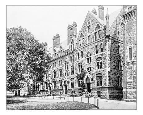 Antique photograph of a building of Yale College, as it was called then the American university before 1887. A typical Collegiate Gothic edifice (Berkeley college?).