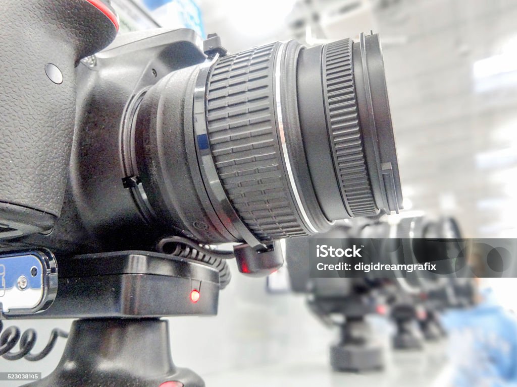 closeup of dslr cameras on diplay in store Camera - Photographic Equipment Stock Photo