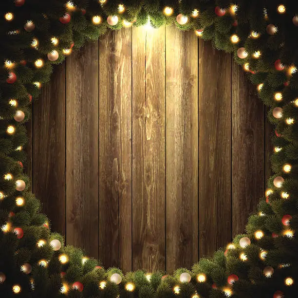 Vector illustration of Blank Wooden Background with bright Christmas wreath