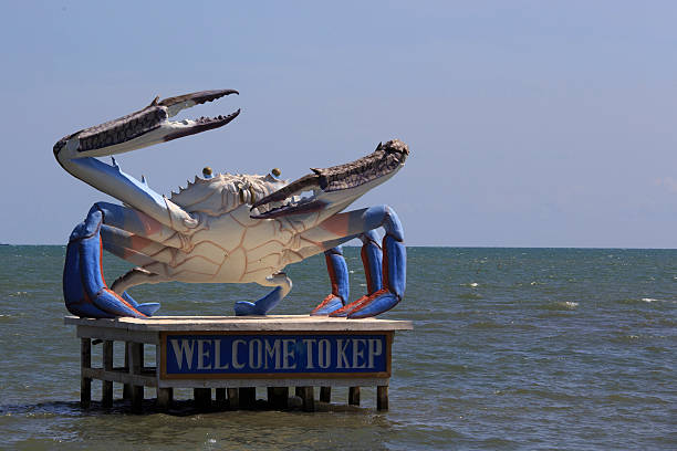 giant crab statue Kep, Cambodia - April 26, 2014: A giant crab statue welcomes visitors to Krong Kaeb 'Kep' in Southern Cambodia, not far from the Vietnam border. Crab fishing is a great source of local livelihood here. kep stock pictures, royalty-free photos & images