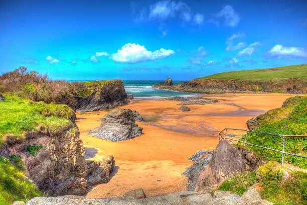 Photo of Trevone Bay North Cornwall England UK Colourful bright HDR