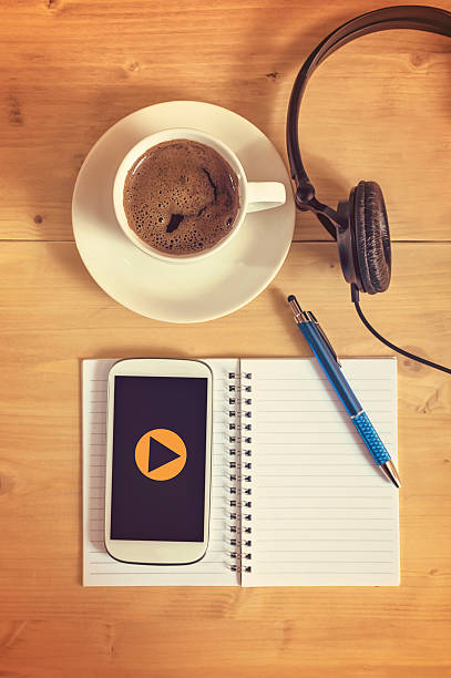 istock Smart phone with headphones, notebook, pencil, coffe cup. 523043100