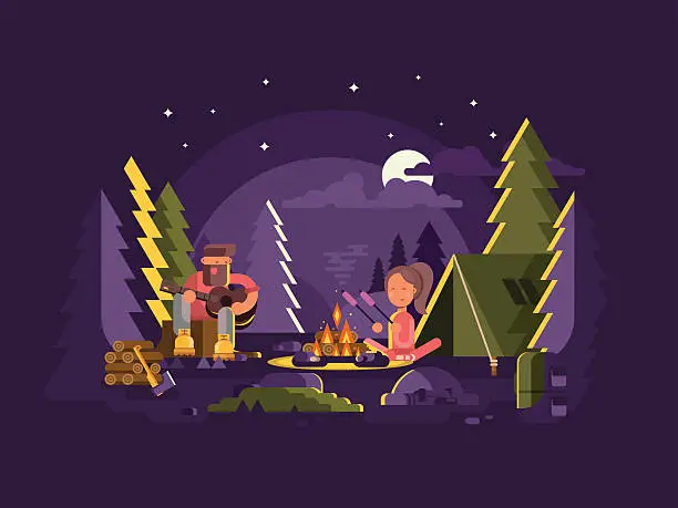 Vector illustration of Camp is near a fire