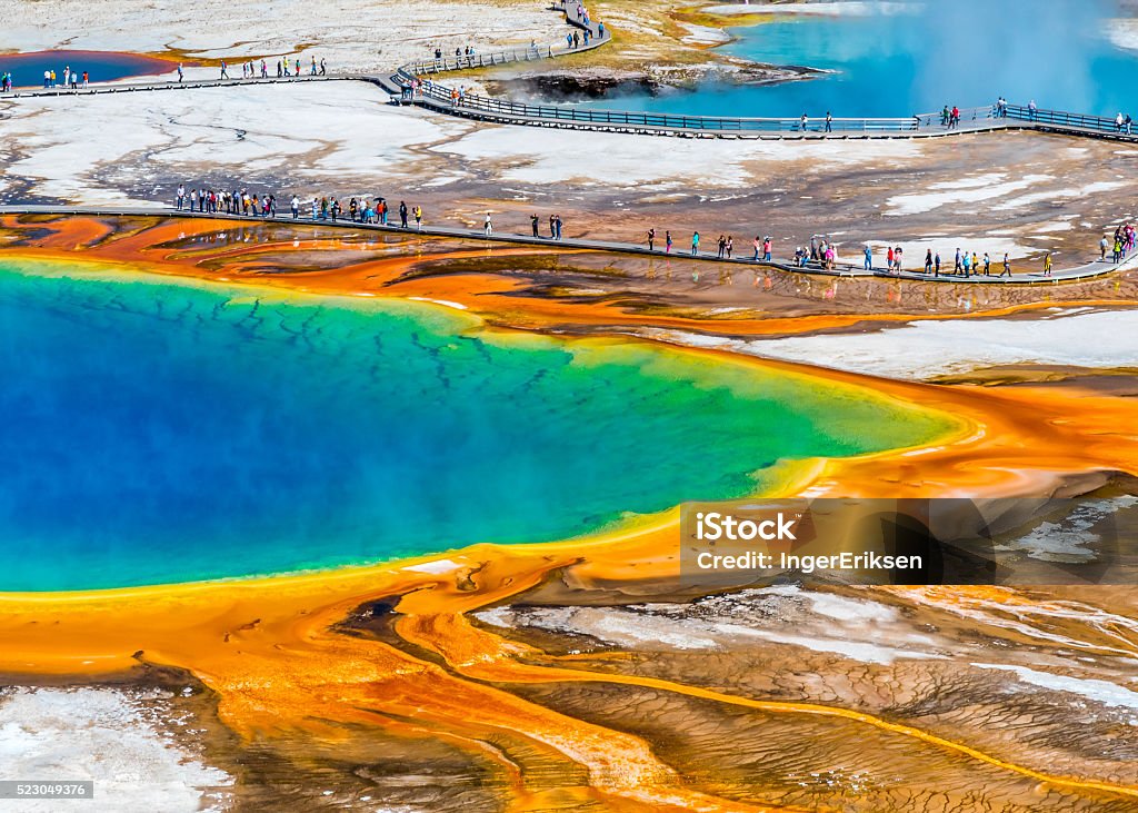 Explosion of colours in Yellowstone The well known national landmark Grand Prismatic in Yellowstone  Yellowstone National Park Stock Photo