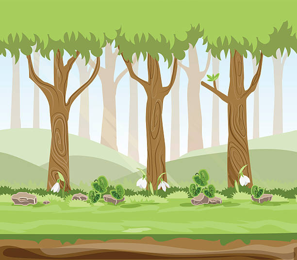 vektor-illustration wald comic mit hügel und blumen - grass branch wealth forest stock-grafiken, -clipart, -cartoons und -symbole