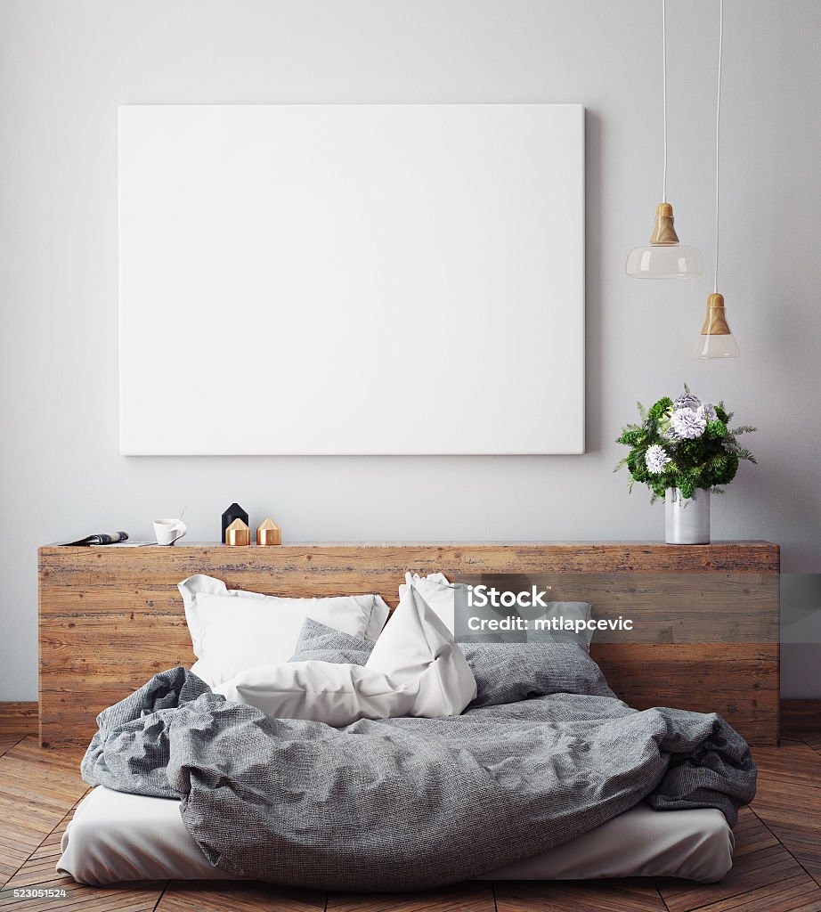 mock up blank poster on the wall of bedroom mock up blank poster on the wall of bedroom, 3D illustration background Arts Culture and Entertainment Stock Photo
