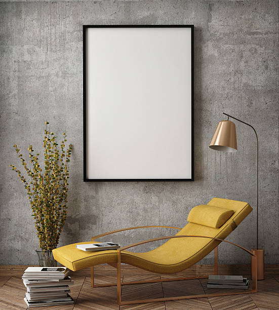 mock up poster frame in hipster interior background stock photo