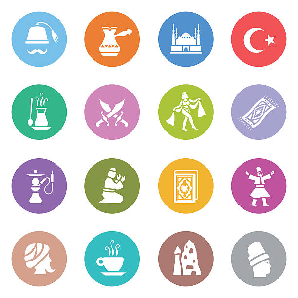 Turkish Icon Set Illustrator Vector EPS file (any size), High Resolution JPEG preview (5417 x 5417 px) and Transparent PNG (5417 x 5417 px) included. Each element is named, grouped and layered separately. Very easy to edit. byzantine icon stock illustrations