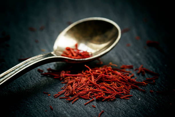 istock Saffron in a spoon on a dark background 523055078