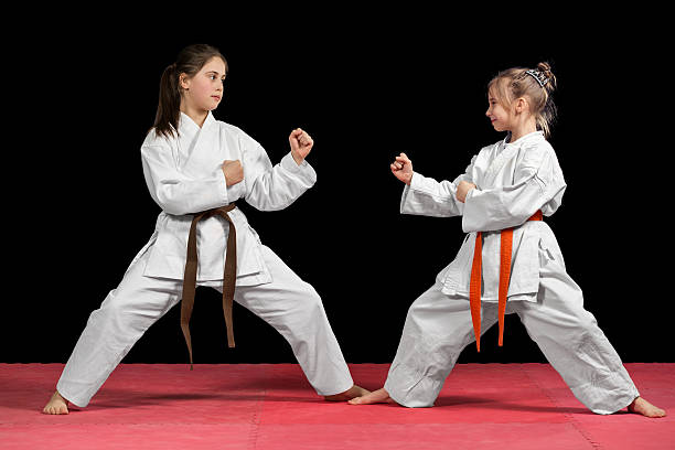 istock Two girls in kimono are training paired exercises karate 523056882