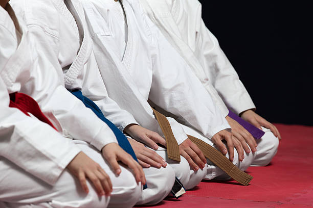 joven, guapo, exitosas multi ética karate niños en el karate posición. - child karate little boys martial arts fotografías e imágenes de stock