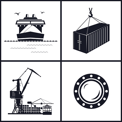 Set of maritime icons for web design. Icons dry-cargo ship, porthole, container and cranes, cranes unload containers from the cargo container ship, vector llustration