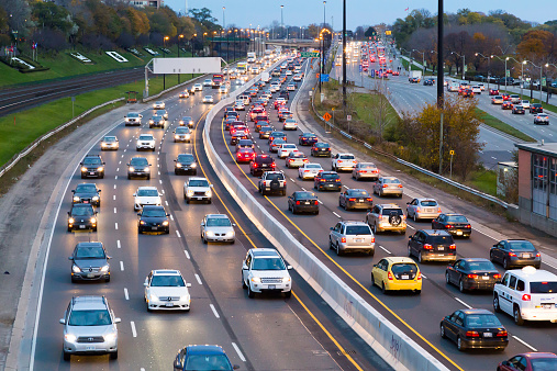 Toronto, Canada - November 11, 2014: A view of traffic on the Gardiner Express at rush hour. Many vehicles can be seen in the image.