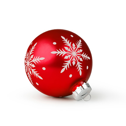 Four Christmas balls hanging on white background