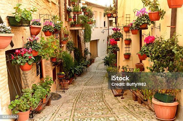 Flowers Alley In Spello Village Stock Photo - Download Image Now - Spello, Architecture, Building Exterior