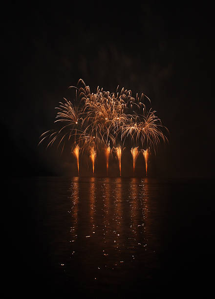 istock Colorful fireworks with reflection on lake 523135041