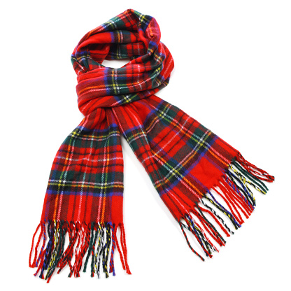 Red tartan wool winter scarf isolated on white