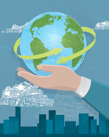 Vector Illustration of Business globe and hands concept. Images include globe held by a stylized hand.  Buildings in the background with blue sky.