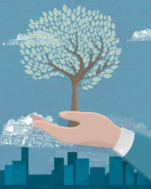 Vector illustration of Business growth concept tree with leaves