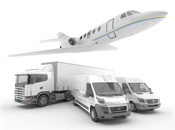 tres vehículos terrestres y avión das nações unidas.  courier. - van moving van commercial land vehicle truck imagens e fotografias de stock