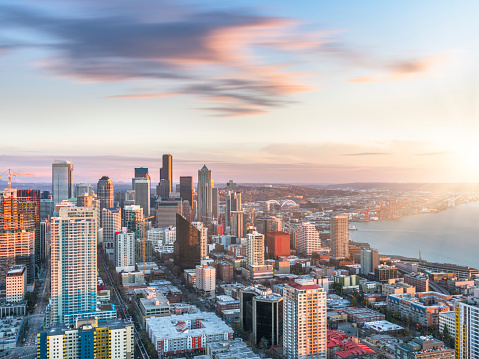 Downtown city skyline panoramic view with the Space Needle at sunset from Kerry Park in, Seattle Washington
