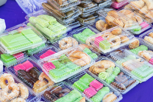 Assorted Malay halal cakes and sweet food being sold at street stall