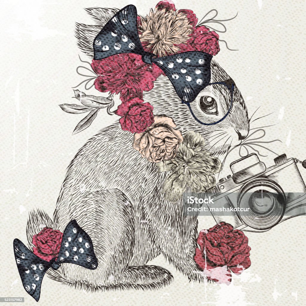 Fashion background with cute rabbit and bow trendy background Fashion hipster background with hand drawn rabbit holding  a vintage camera imitation of retro postcard Easter theme Animal stock vector