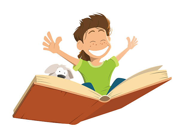 счастливый улыбка ребенка мальчик ребенка полет большой книга симпатичный щенка - book picture book reading storytelling stock illustrations