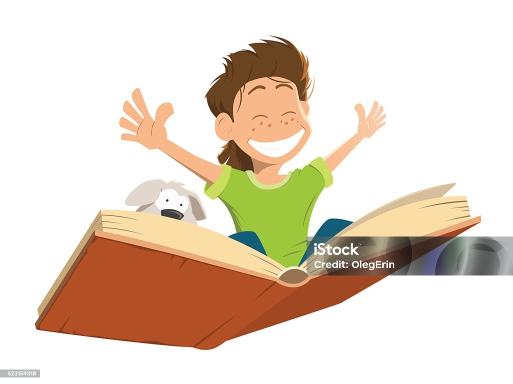 Happy smile kid boy child flying big book cute puppy Vector character illustration of happy smile kid boy child flying on a big open book with cute puppy Child stock vector