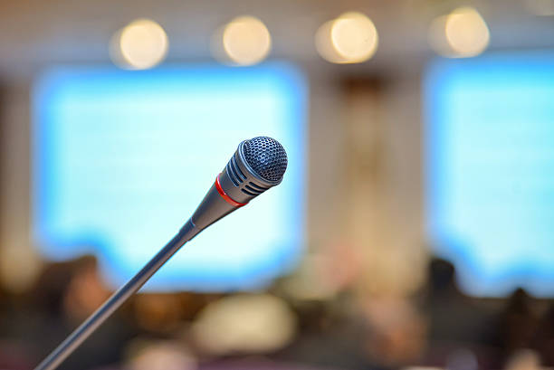 istock Microphone in meeting room before a conference 523160120