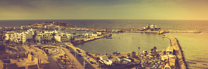 Panoramic view of Mediterranean coast in Monastir. Tunisia. Filtered image:cross processed vintage effect.