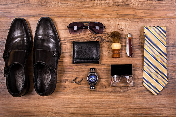 istock Men's accessories organized on table.  No people.  Knolling. 523162038